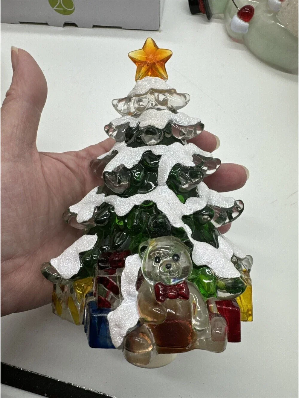 Christmas Tree Night Light Presents Teddy Bear Acrylic Plastic Glitter Snow 6”
